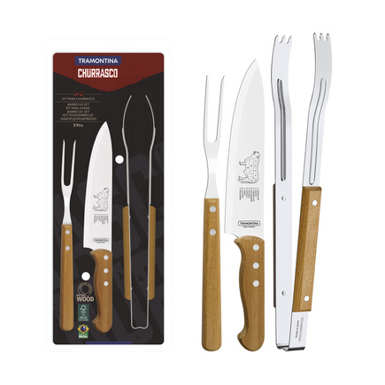 Jogo para Churrasco Tramontina com Lâminas em Aço Inox e Cabos de Madeira Natural 3 Peças