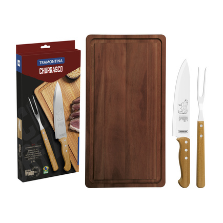 Kit para Churrasco Tramontina com Lâmina em Aço Inox Cabo de Madeira Natural com Tábua de Madeira 3 Peças