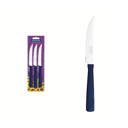 Conjunto de Facas para Churrasco Tramontina New Kolor com Lâminas em Aço Inox e Cabos de Polipropileno Azul 3 Peças