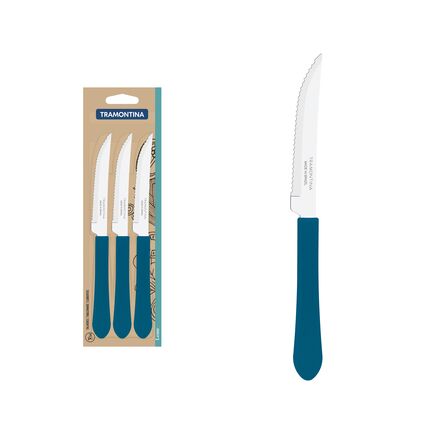 Conjunto de Facas para Churrasco Tramontina Leme com Lâminas em Aço Inox e Cabos de Polipropileno Azul Oceano 3 Peças