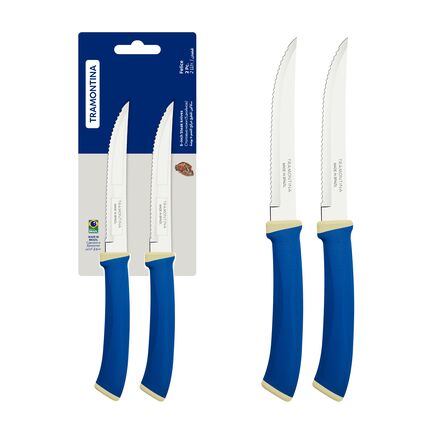 Conjunto de Facas para Churrasco Tramontina Felice com Lâminas em Aço Inox e Cabos de Polipropileno Azul 02 Peças
