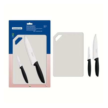 Kit para Carnes e Legumes Tramontina Plenus com Lâminas em Aço Inox Cabos de Polipropileno Preto e Tábua para Cortar 3 Peças