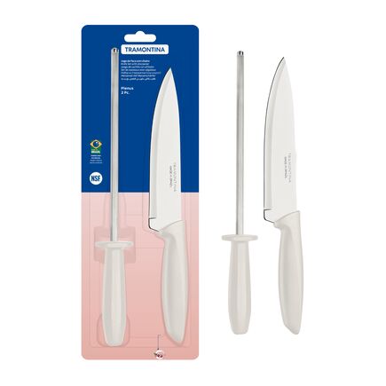 Jogo de Faca com Chaira Tramontina Plenus com Lâminas em Aço Inox e Cabos de Polipropileno Off White 2 Peças