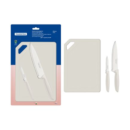 Kit para Carnes e Legumes Tramontina Plenus com Lâminas em Aço Inox Cabos de Polipropileno Off White e Tábua para Cortar 3 Peças