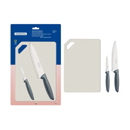 Kit para Carnes e Legumes Tramontina Plenus com Lâminas em Aço Inox Cabos de Polipropileno Cinza e Tábua para Cortar 3 Peças