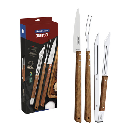 Kit para Churrasco Tramontina em Aço Inox e Madeira com Pegador 3 peças
