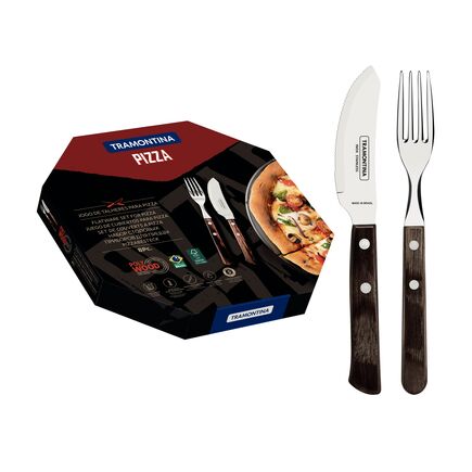 Jogo de Talheres para Pizza Tramontina com Lâminas em Aço Inox e Cabo de Madeira Tratada Polywood Castanho 08 Peças