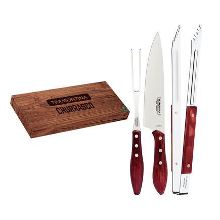 Jogo Trinchante Tramontina com Lâminas em Aço Inox e Cabos de Madeira Tratada Polywood Vermelho 03 Peças