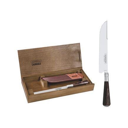 Faca Tramontina para Carne 7 Tropeira em Aço Inox Cabo Castanho Polywood com Bainha de Couro e Estojo de Madeira