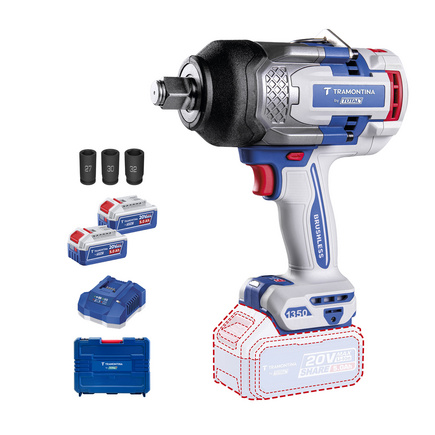 Chave de Impacto 3/4 (19 mm) 20V 1350 N.m Brushless Tramontina by Total - Com 2 Baterias 20V de 5,0Ah, Carregador e Maleta