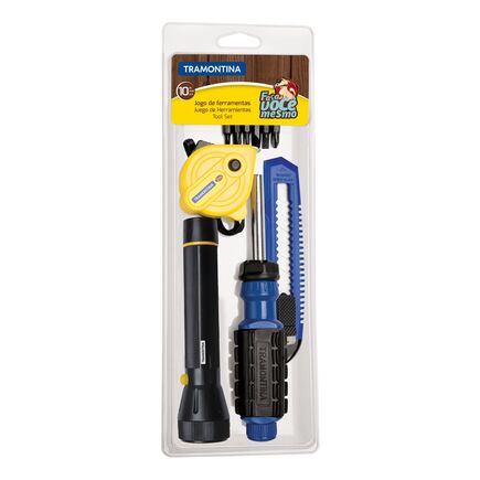 Kit de Ferramentas Tramontina com Trena Estilete Lanterna Ponteiras e Chave com Adaptador 10 Peças