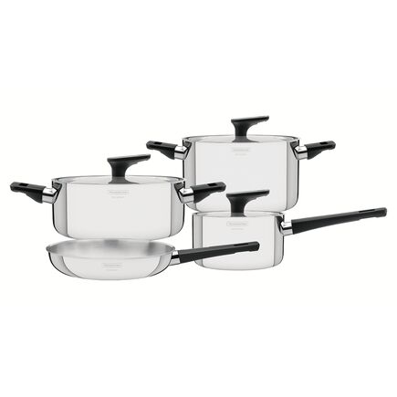 Jogo de Panelas Tramontina Grano Baquelite em Aço Inox com Corpo Triplo e Cabos e Alças em Baquelite Preto 4 Peças