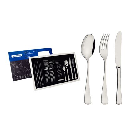 Faqueiro Tramontina Mônaco em Aço Inox com Facas de Mesa Forjadas 6mm Acabamento Alto Brilho com Detalhes no Cabo 24 Peças
