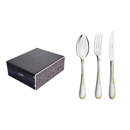 Faqueiro Tramontina Renascença em Aço Inox com Facas de Mesa Detalhes em Ouro Acabamento Brilho e Fosco Estojo de Madeira 130 Peças