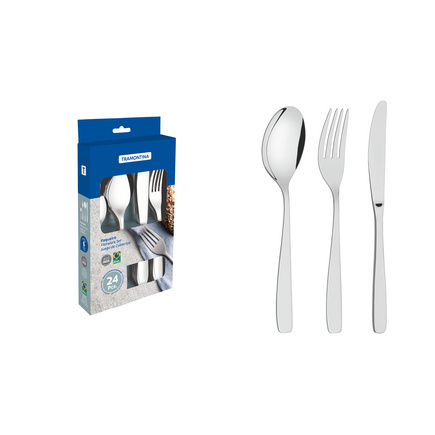 Faqueiro Tramontina Cosmos em Aço Inox com Facas de Mesa Acabamento Brilho e Fosco 24 Peças