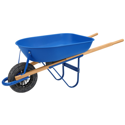 Carrinho de Mão Tramontina com Caçamba Rasa Plástica Azul 50 L, Braço de Madeira Bipartido e Pneu Maciço