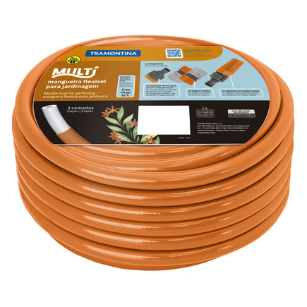 Mangueira Multi 1/2 Tramontina Laranja em PVC 3 Camadas 20 m com Engates Rápidos e Esguicho