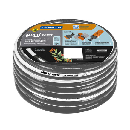 Mangueira Multi Forte 1/2 para Jardim Tramontina Cinza com Faixa Branca em PVC 4 Camadas 30 m com Engates Rápidos e Esguicho