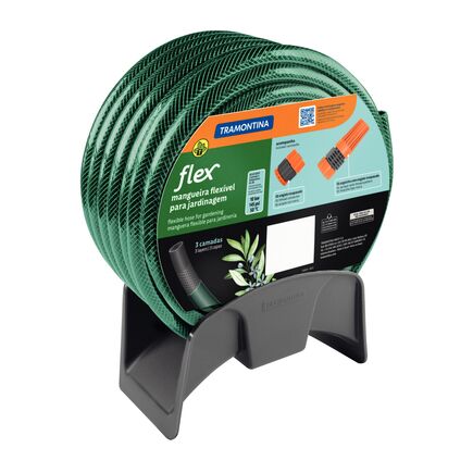 Mangueira Flex para Jardim Tramontina Verde em PVC 3 Camadas 25 m com Engate Rosqueado, Esguicho e Suporte