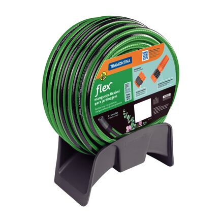 Mangueira Flex para Jardim Tramontina Verde com Faixa Preta em PVC 4 Camadas 25 m com Engate Rosqueado, Esguicho e Suporte