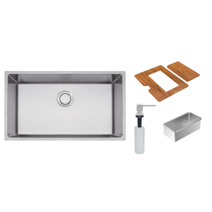 Cuba Tramontina Design Collection Quadrum 70 em Aço Inox com Acabamento Acetinado com Dosador de Sabão, Tábua e Cesto