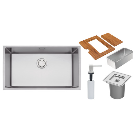 Cuba Tramontina Design Collection Quadrum 70 em Aço Inox com Dosador de Sabão, Tábua, Cesto coador e Lixeira quadrada de embutir