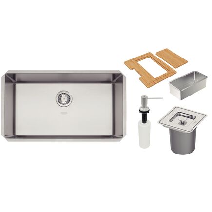 Cuba Tramontina Design Collection Quadrum Undermount em Aço Inox 70x40 cm com Dosador de Sabão, Tábua, Cesto e Lixeira quadrada de embutir