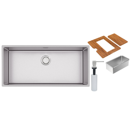 Cuba Tramontina Design Collection Quadrum 90 em Aço Inox com Acabamento Acetinado com Dosador de Sabão, Tábua e Cesto