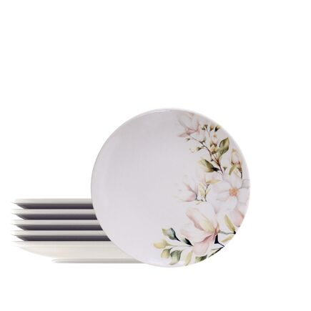 Kit Prato Sobremesa Tramontina Magnólia em Porcelana Decorada 21 cm 6 Peças