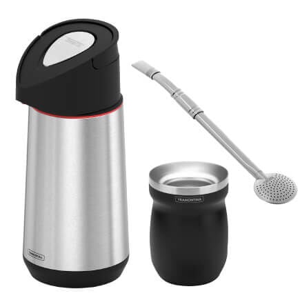 Kit Chimarrão Térmico Tramontina Exata Garrafa Inox 1.2L Cuia Preta e Bomba Ilex 3 Peças