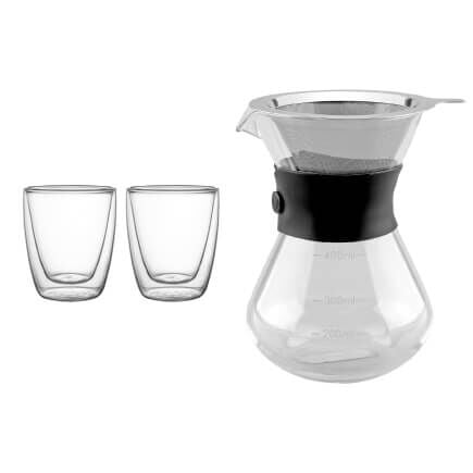 Kit Café Tramontina com Cafeteira Coador de Aço Inox e Jogo de Xícaras Vidro Duplo 3 Peças
