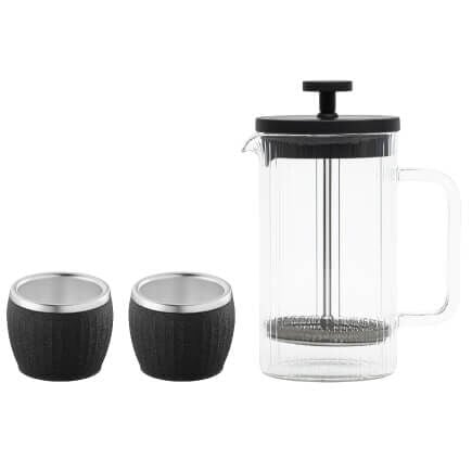 Kit Café Tramontina Cafeteira Francesa em Vidro Borossilicato 600ml e Xícaras em Aço Inox Preto 3 Peças