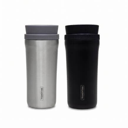 Kit Copos Térmicos Tramontina em Aço Inox e Preto com Tampa Bocal 360 Graus 460ml 2 Peças